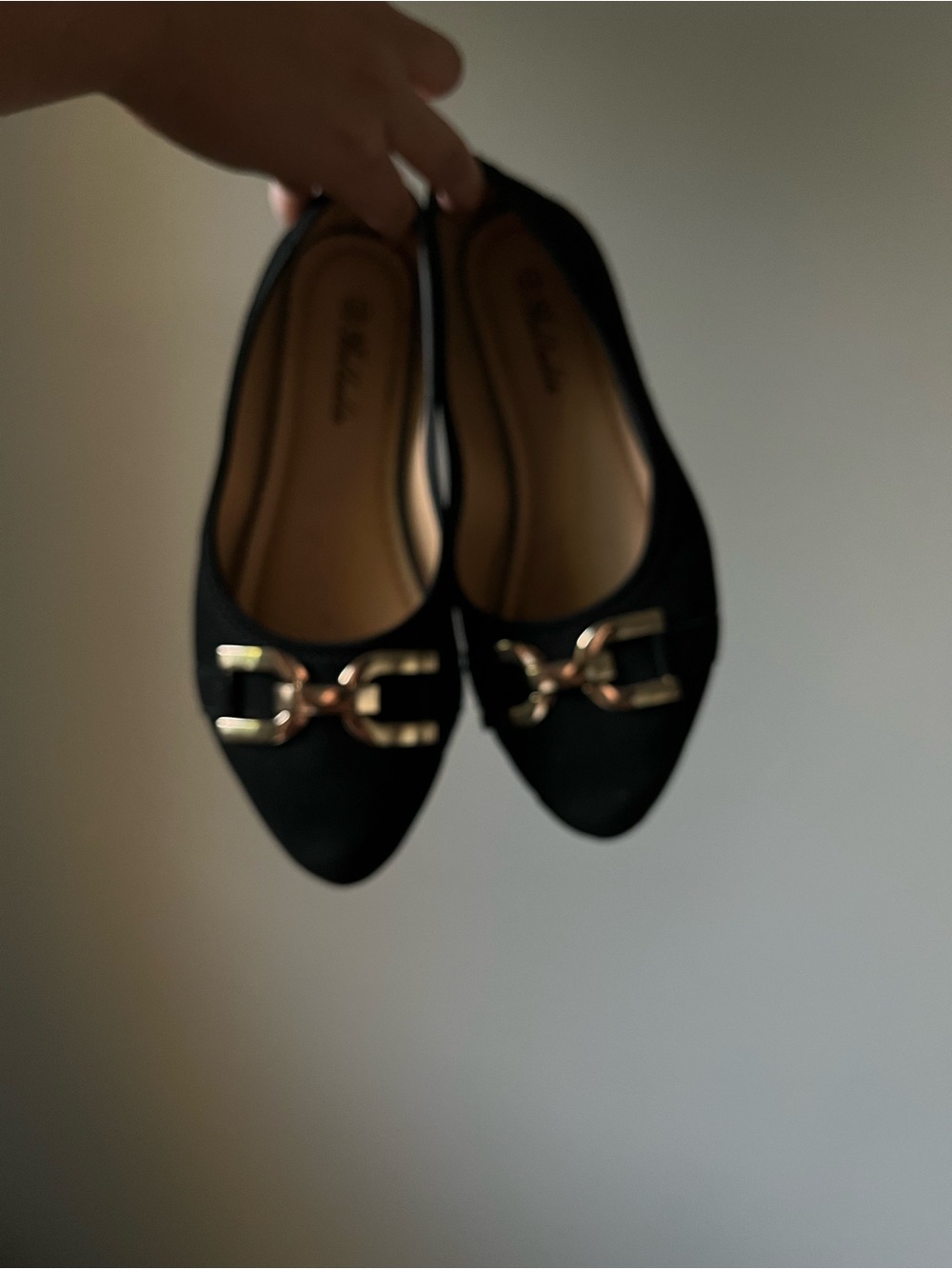 Women's Black Suede Ballet Flats with Gold Hardware